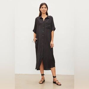 Velvet By Graham & Spencer Sandra Linen Shirt Midi Dress Black Size Medium